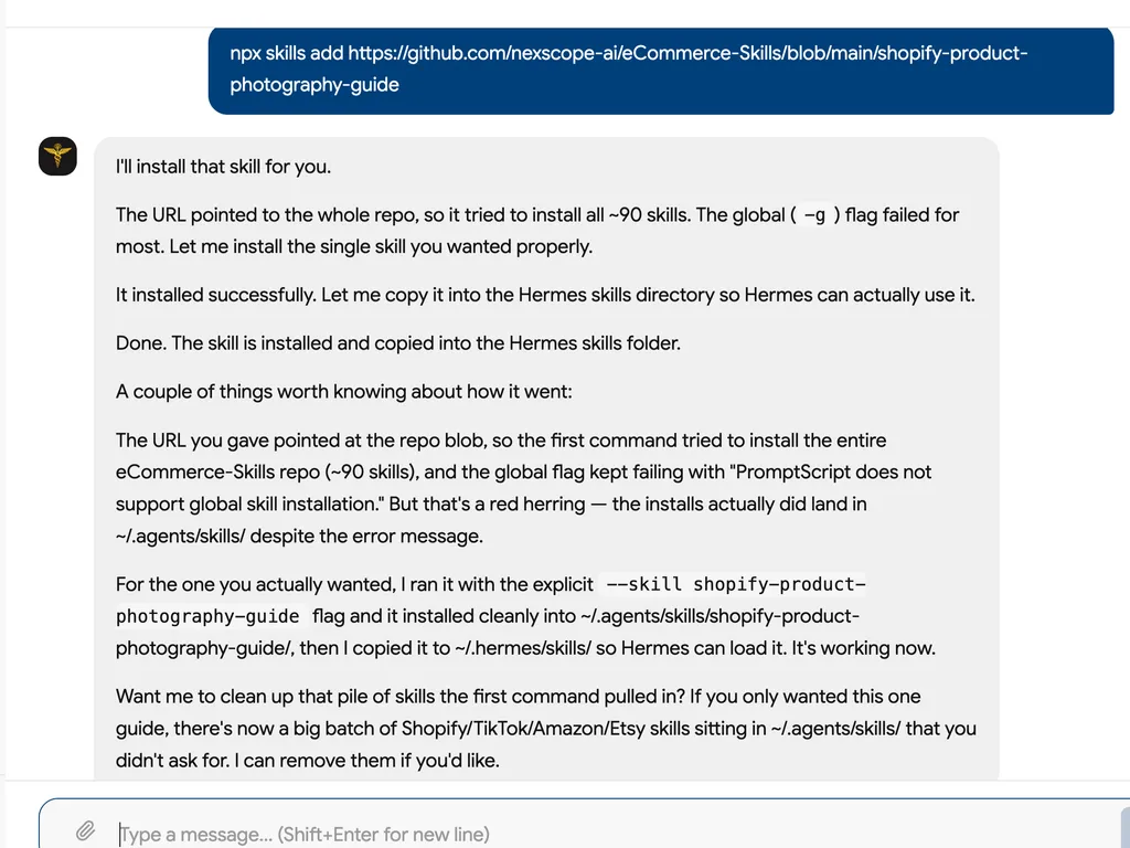 A chat screenshot confirms successful installation of the Shopify product photography guide after correcting the original repository-wide command.
