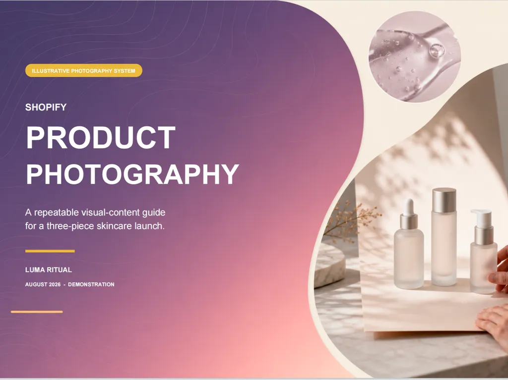 A product photography report cover features three skincare bottles arranged in a softly lit studio setting
