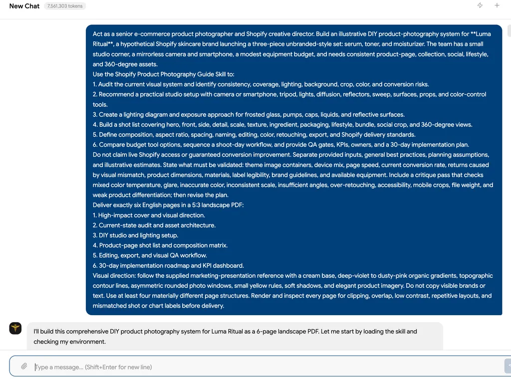 A chat screenshot contains a detailed request for a six-page DIY Shopify product photography system for a skincare brand.