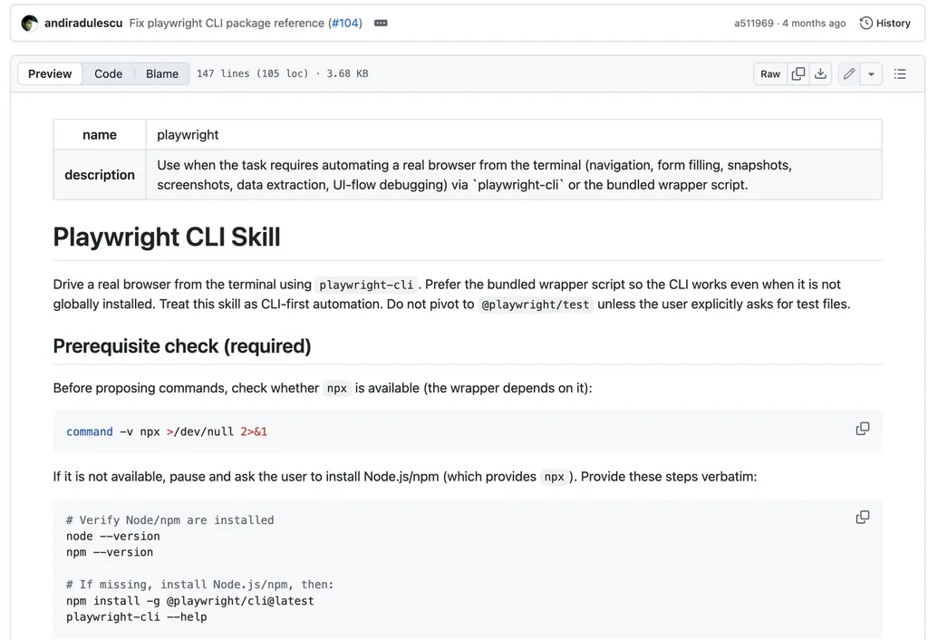 the screenshot of playwright skill in GitHub