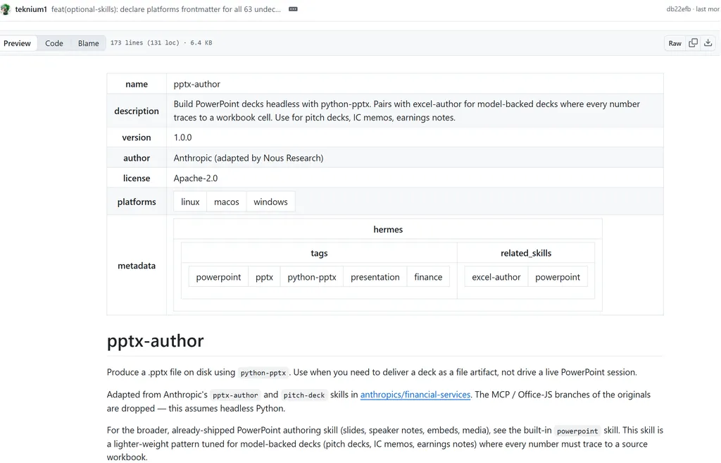 pptx author A screenshot of a GitHub documentation page describing a skill named