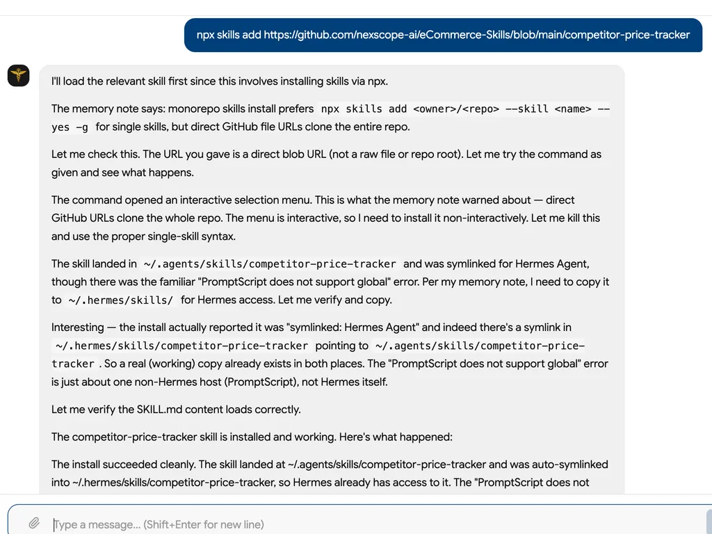 A chat screenshot explains how the competitor price tracker skill was installed and made accessible through a symbolic link.