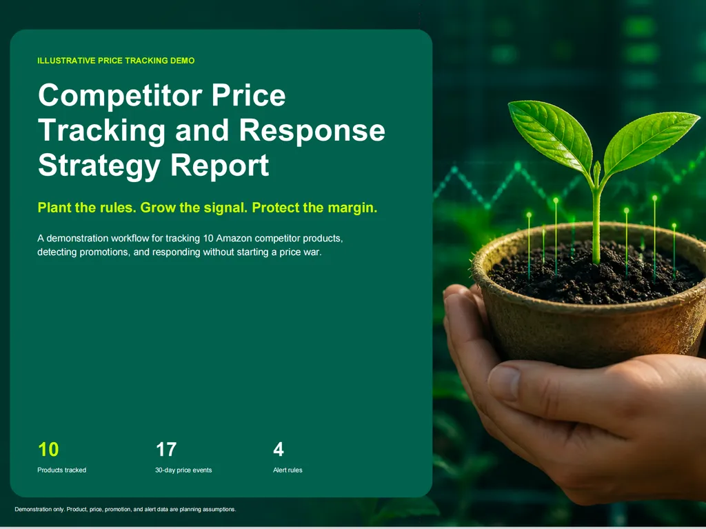 A strategy report cover combines competitor price tracking metrics with an image of hands holding a growing plant.