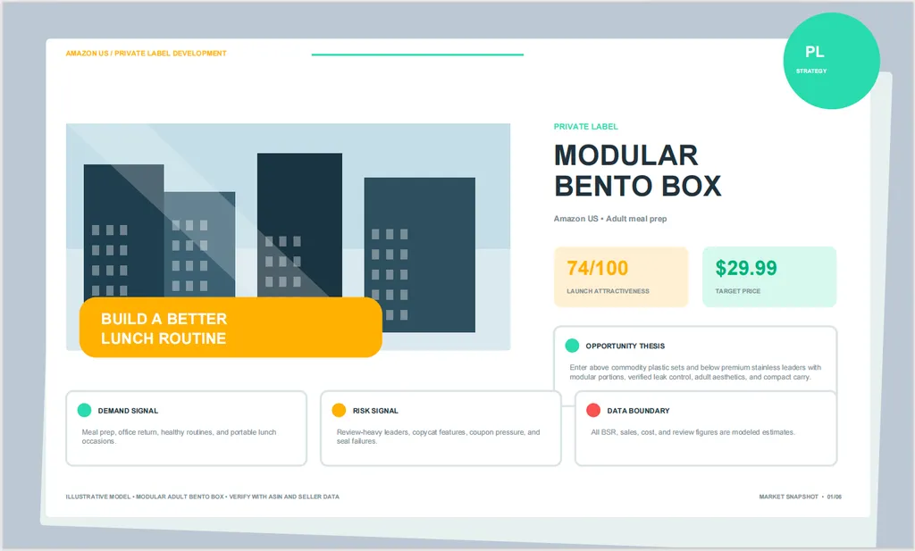A modern Amazon private label market snapshot presents a modular bento box opportunity with a 74/100 launch attractiveness score, a $29.99 target price, and key demand, risk, and positioning insights.