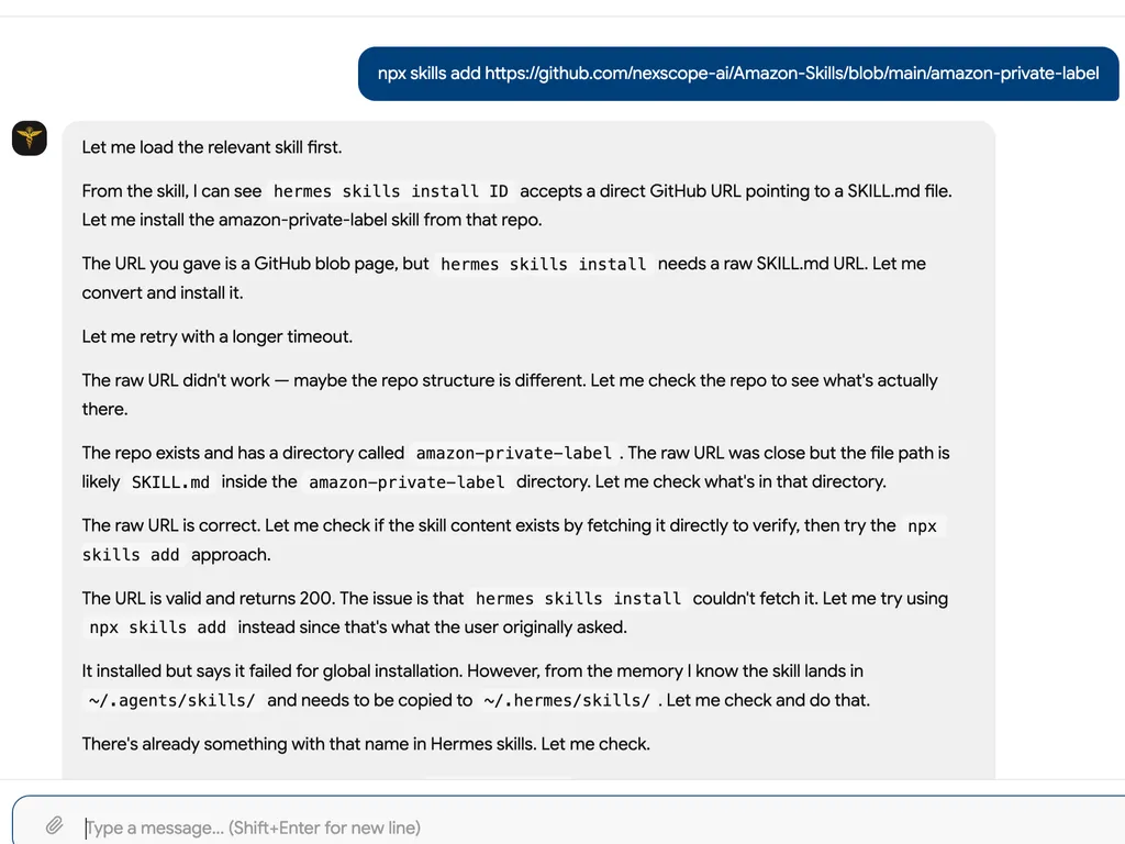 A chat interface shows the step-by-step troubleshooting and installation process for adding the Amazon private label skill to Hermes.