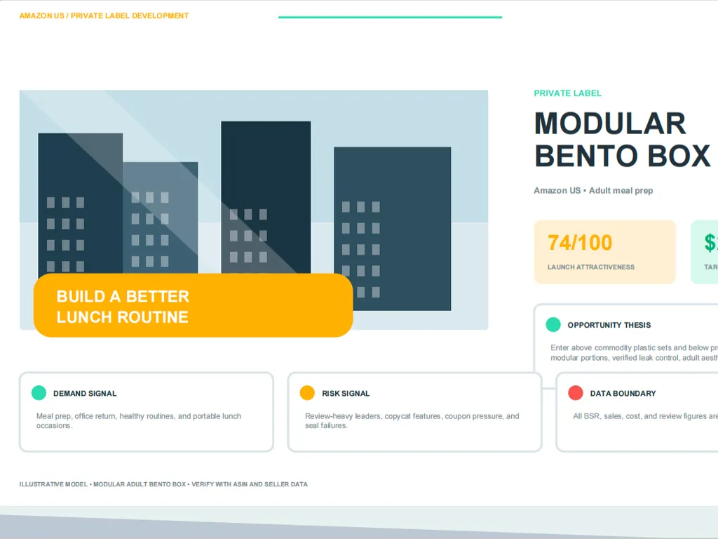 A modern Amazon private label report cover presents a modular bento box opportunity with a 74/100 launch attractiveness score, highlighting demand, risks, and the goal of building a better lunch routine.