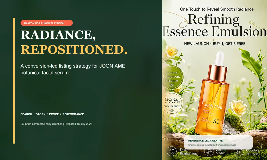Cover page of an Amazon US launch playbook for JOON AME botanical facial serum, presented in a split-screen editorial layout. The left half uses a deep forest-green background with a thin vertical gold line near the edge and a coral pill-shaped label reading 'AMAZON US LAUNCH PLAYBOOK.' A large serif headline reads 'RADIANCE, REPOSITIONED.' with 'RADIANCE,' in white and 'REPOSITIONED.' in warm gold. Below, the subtitle states, 'A conversion-led listing strategy for JOON AME botanical facial serum.' Near the bottom, bold text reads 'SEARCH / STORY / PROOF / PERFORMANCE,' followed by 'Six-page commerce copy direction | Prepared 16 July 2026.' The right half features a premium botanical skincare advertisement with the headline 'One Touch to Reveal Smooth Radiance' and the large title 'Refining Essence Emulsion.' A promotional line reads 'NEW LAUNCH · BUY 1, GET 6 FREE.' At the center is an amber-orange JOON AME dropper bottle labeled 'GLADING MAGICAL ESSENCE,' 'ROSE LANCOME,' and '51,' displayed among white flowers, green leaves, moss-covered stones, and natural wood. Two circular badges read 'Botanical Hyaluronic Essence' and '99.9% Niacinamide.' A translucent box near the bottom reads 'REFERENCE-LED CREATIVE' with the note 'Original editorial adaptation from supplied image.' Along the bottom edge, three benefit icons highlight 'Dual Brightening,' 'Gentle & Mild,' and 'Goodbye Dullness.' Premium magazine-style composition with luxury serif typography, botanical imagery, warm metallic accents, and a polished beauty campaign aesthetic.