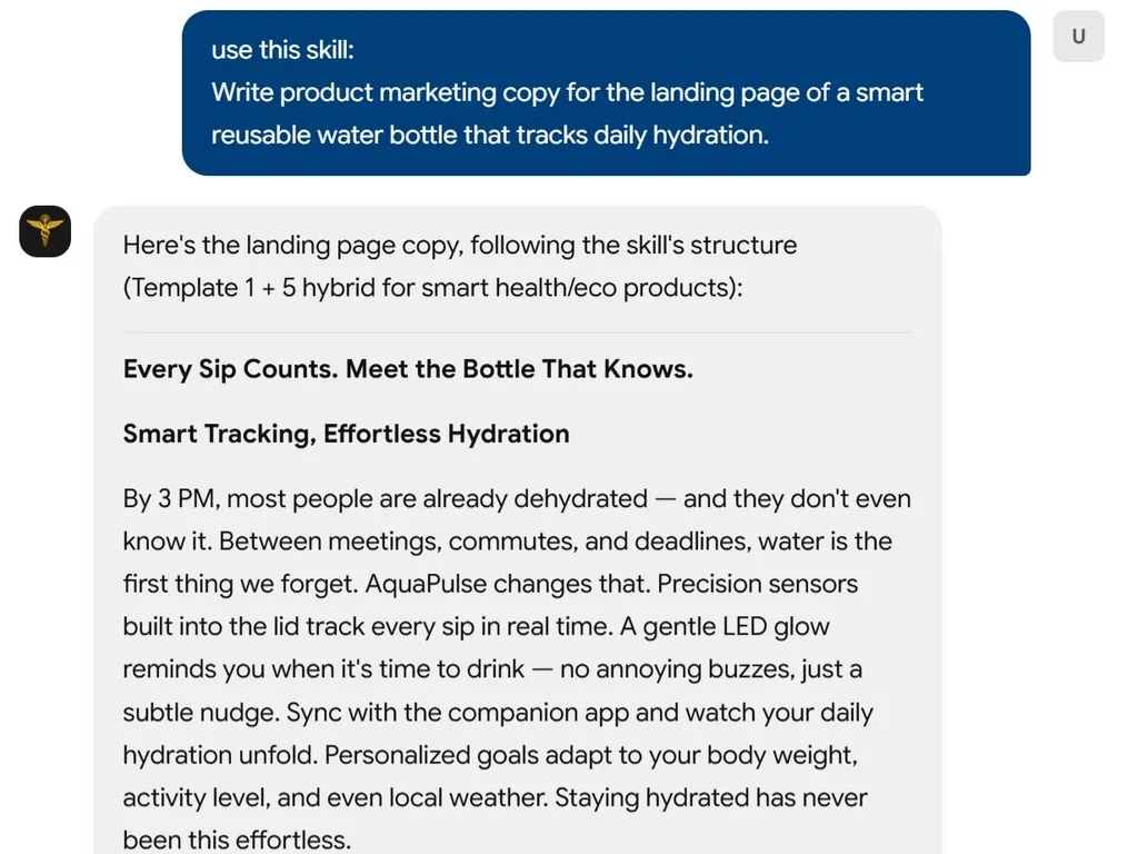 a simple demonstration of the second step in using product-marketing-copywriting agent skill