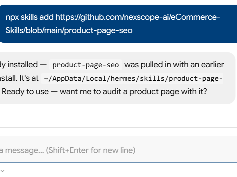 a simple demonstration of the first step in using Product Page SEO Skill