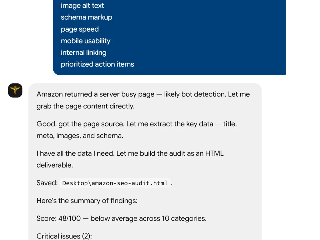 a simple demonstration of the second step in using Product Page SEO Skill