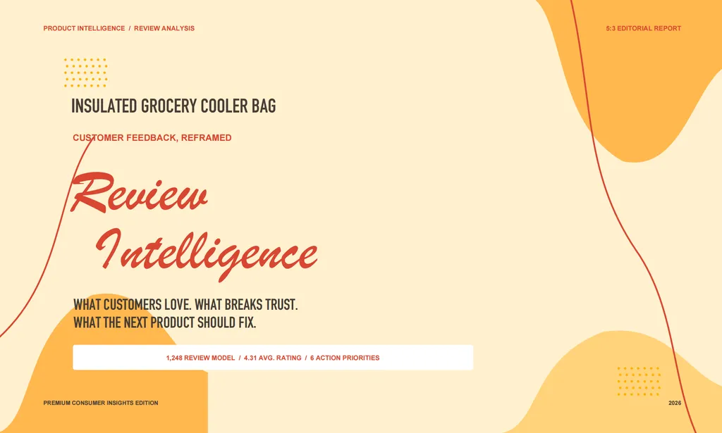 Premium editorial report cover for 'INSULATED GROCERY COOLER BAG' with navigation path 'PRODUCT INTELLIGENCE / REVIEW ANALYSIS' at top left and '5:3 EDITORIAL REPORT' at top right. Main title in bold sans-serif, subtitle 'CUSTOMER FEEDBACK, REFRAMED' in red. Dominant visual: large red handwritten-style text 'Review Intelligence'. Below: bold black declarative statements 'WHAT CUSTOMERS LOVE. WHAT BREAKS TRUST. WHAT THE NEXT PRODUCT SHOULD FIX.'. Centered white rectangular banner reads '1,248 REVIEW MODEL / 4.31 AVG. RATING / 6 ACTION PRIORITIES'. Bottom left: 'PREMIUM CONSUMER INSIGHTS EDITION'. Bottom right: year '2026' and decorative dot grid. Background: warm cream tone. Decorative elements: abstract orange wave shapes at bottom left and top right, thin red curved line sweeping from top left toward bottom right, grid of yellow dots in top left corner. Overall design: clean, editorial, high-end, with balanced asymmetry and strategic use of color (red, orange, black on cream) to convey authority, warmth, and visual storytelling.