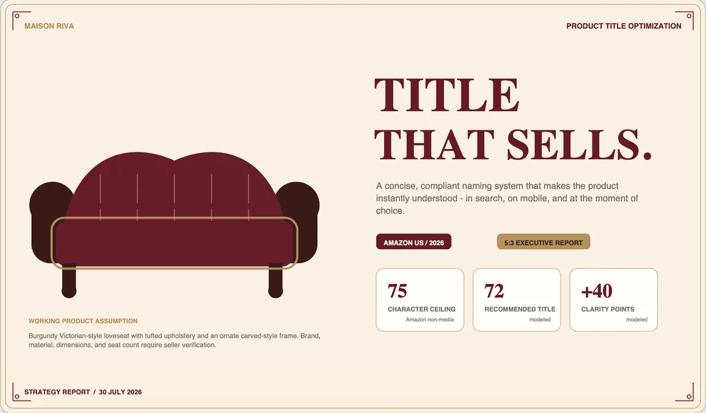 A refined product title optimization cover presents Maison Riva’s Amazon naming strategy for a burgundy Victorian-style loveseat, emphasizing compliance, clarity, and search performance.