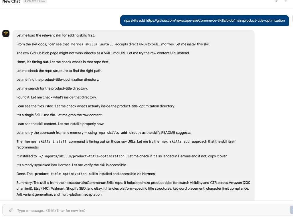 The screenshot confirms that the Product Title Optimization skill was successfully installed and can optimize platform-specific product titles for search visibility and click-through rate.