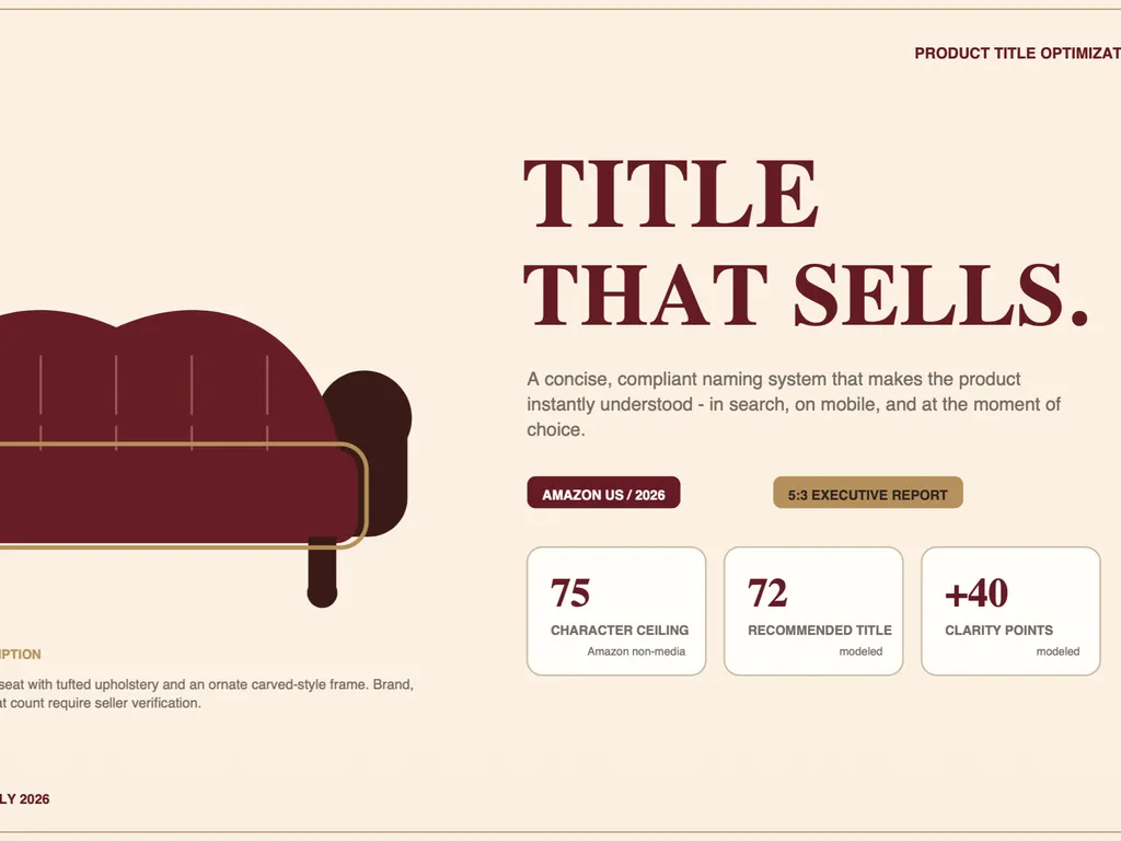 A refined product title optimization cover presents a concise Amazon naming strategy designed to improve clarity, compliance, and customer understanding.