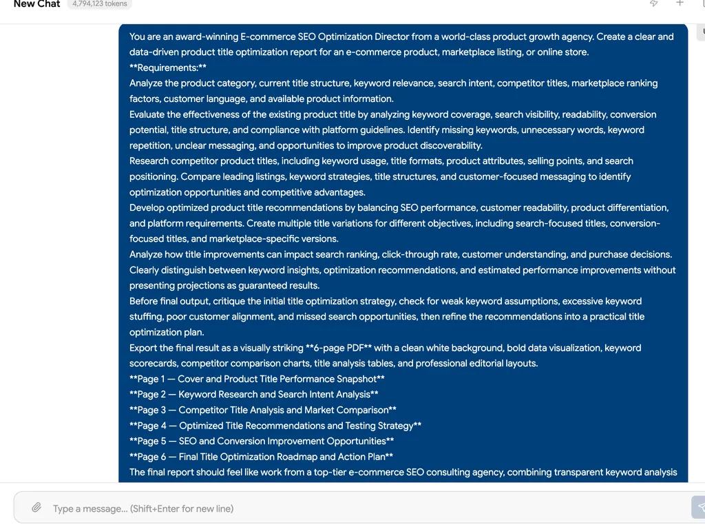 The screenshot shows a detailed prompt for creating a data-driven six-page e-commerce product title optimization and SEO strategy report.