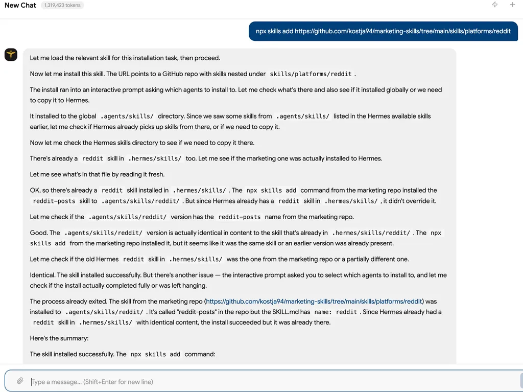 A chat interface screenshot showing a command execution log where an assistant installs a 'reddit-posts' skill via npm and verifies its successful installation into global and Hermes directories, confirming no conflicts due to identical existing content.