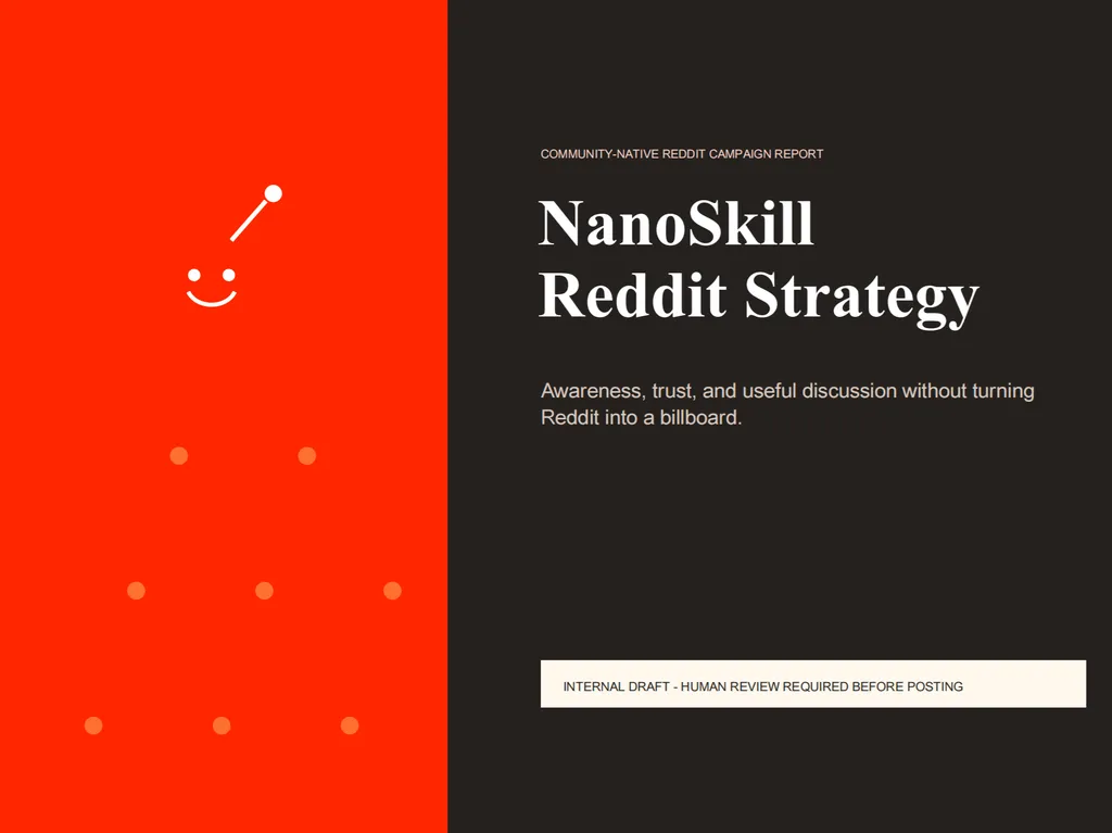 Cover page of 'NanoSkill Reddit Strategy' report, featuring a split design with bright red left side displaying a minimal white smiley face icon and orange dots, and black right side with title text 'Community-Native Reddit Campaign Report', subtitle 'Awareness, trust, and useful discussion without turning Reddit into a billboard', and footer note 'INTERNAL DRAFT - HUMAN REVIEW REQUIRED BEFORE POSTING'.