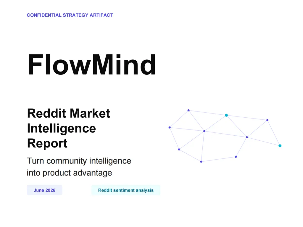 Clean executive cover page for a confidential strategy document titled FlowMind Reddit Market Intelligence Report. The design uses a minimalist white background with bold black typography for 'FlowMind' and a subtitle describing Reddit-based market intelligence. A small label indicates 'CONFIDENTIAL STRATEGY ARTIFACT' at the top. The page includes a visual network graph on the right representing community connections and Reddit discussion networks, along with tags such as June 2026 and Reddit sentiment analysis. The layout resembles a consulting-style research report cover focused on turning community intelligence into product advantage.