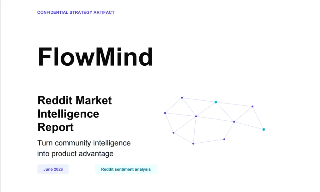 Clean minimalist cover page for a confidential strategy document titled FlowMind Reddit Market Intelligence Report. The layout features large bold black typography for 'FlowMind' and a subtitle describing Reddit-based market intelligence, with a supporting line 'Turn community intelligence into product advantage'. A small header reads 'CONFIDENTIAL STRATEGY ARTIFACT'. On the right side is a geometric network visualization representing connected Reddit community insights and discussion graphs. Footer tags include 'June 2026' and 'Reddit sentiment analysis'. The overall style resembles a modern consulting-grade research report cover with strong whitespace and data-network aesthetics.