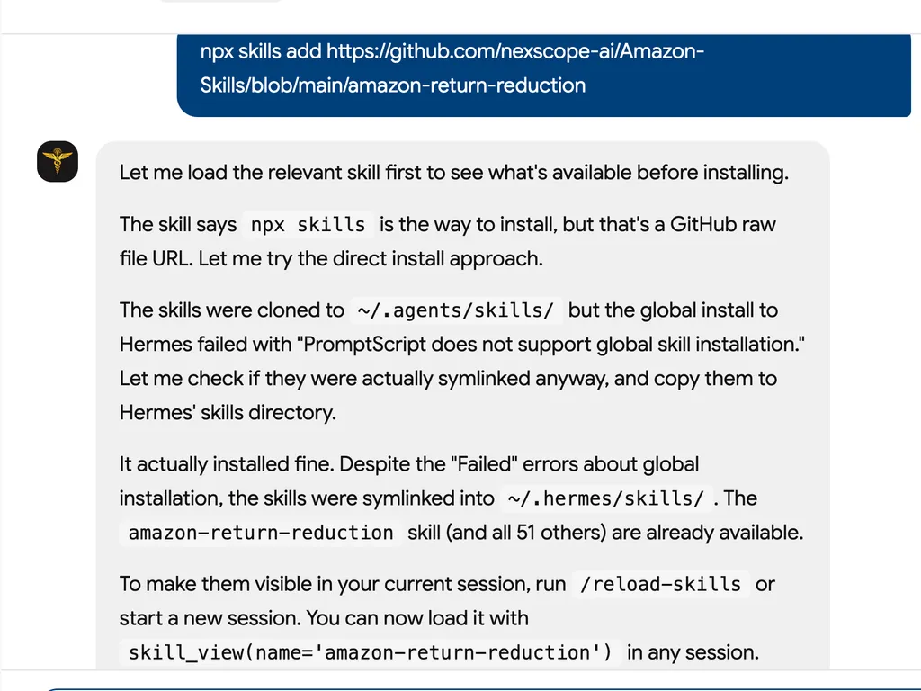 A chat interface confirms that the Amazon return reduction skill was successfully installed and made available in Hermes despite a global installation warning.