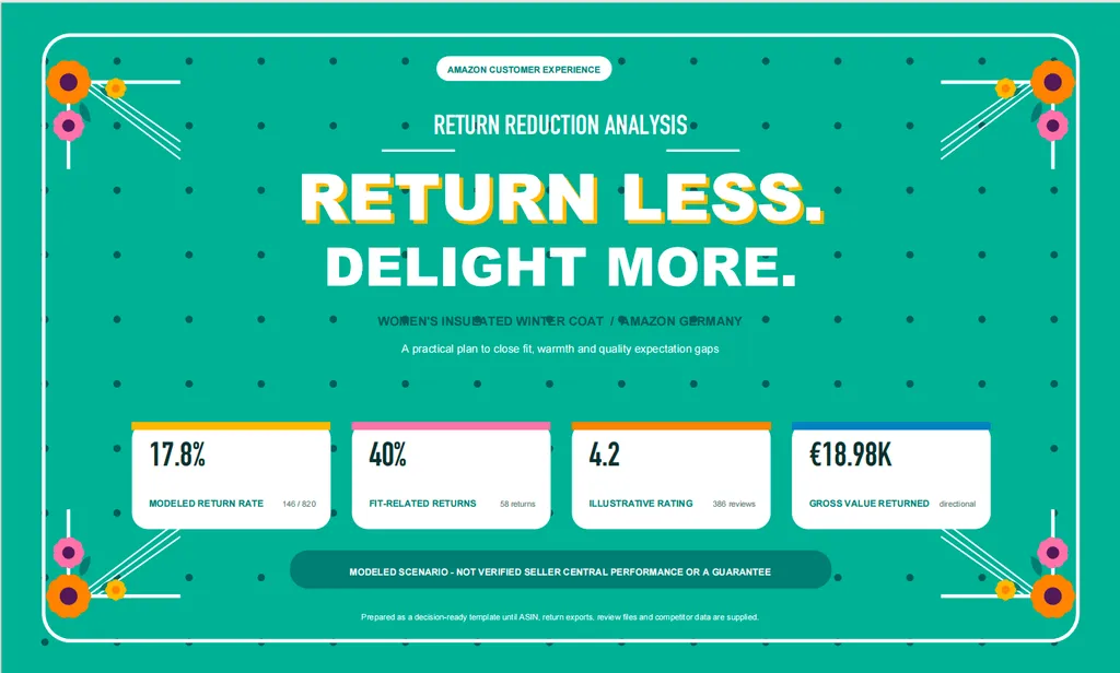 A vibrant Amazon customer experience report cover highlights a modeled 17.8% return rate, 40% fit-related returns, a 4.2 rating, and €18.98K in returned value for a women’s winter coat in Germany.