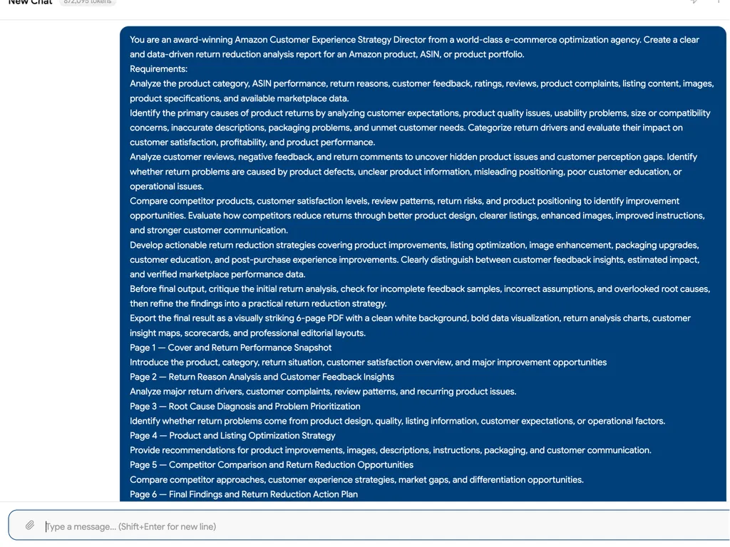 A chat interface displays a detailed prompt for creating a six-page, data-driven Amazon product return reduction analysis and action plan.