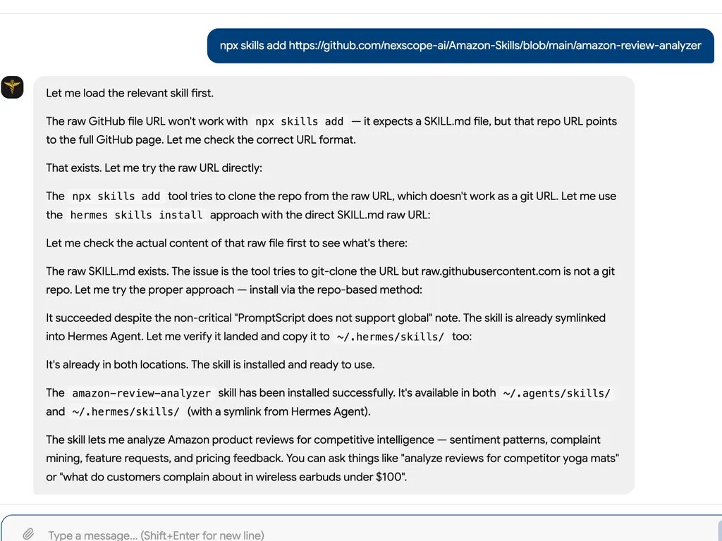 The Amazon Review Analyzer Skill is successfully installed and ready to uncover customer sentiment, complaints, feature requests, and pricing insights from product reviews.