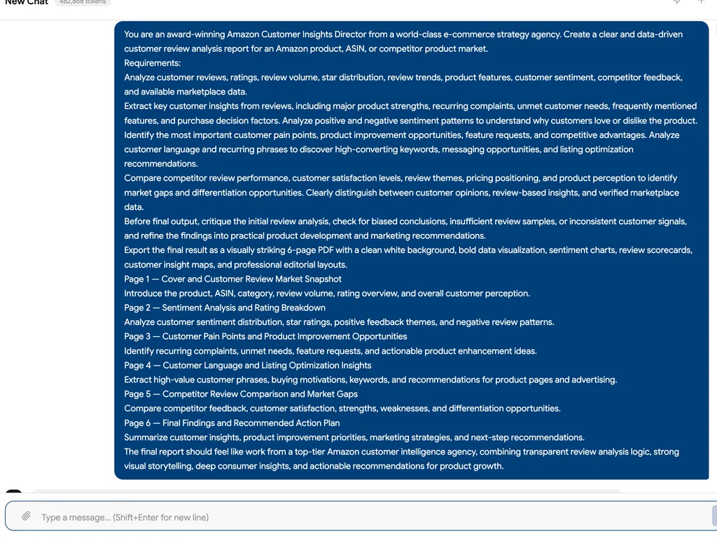 A comprehensive Amazon review analysis prompt designed to transform customer feedback into actionable product, listing, and competitive growth insights.