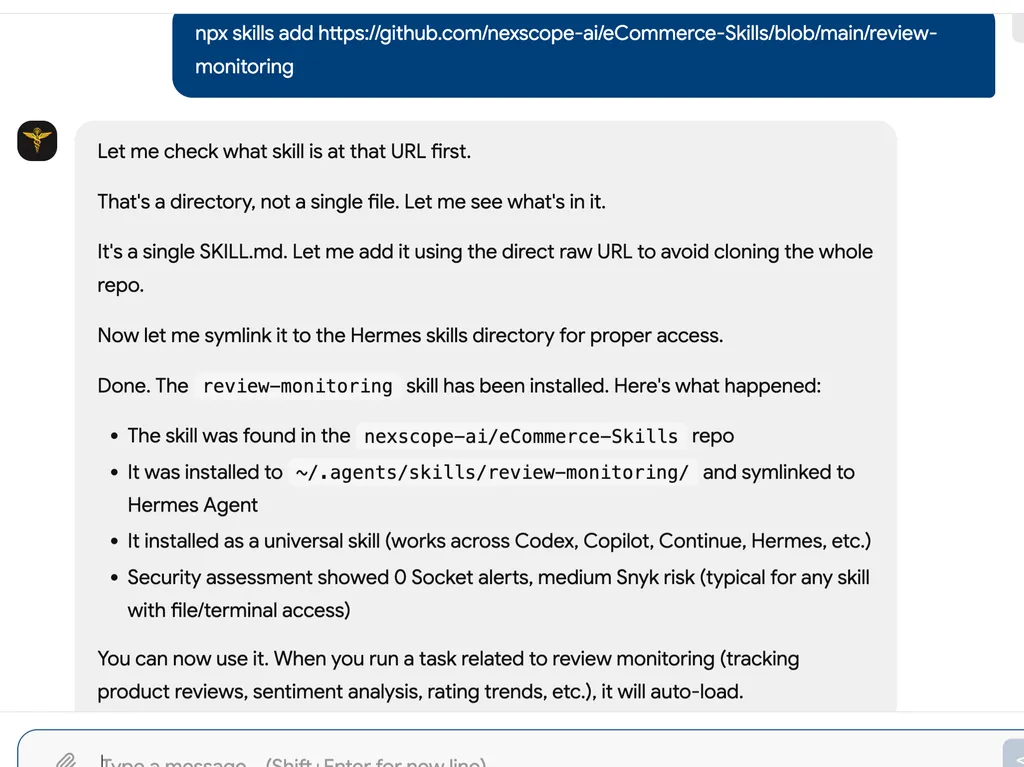 The screenshot confirms that the Review Monitoring skill was successfully installed and can track product reviews, sentiment, ratings, and related trends.