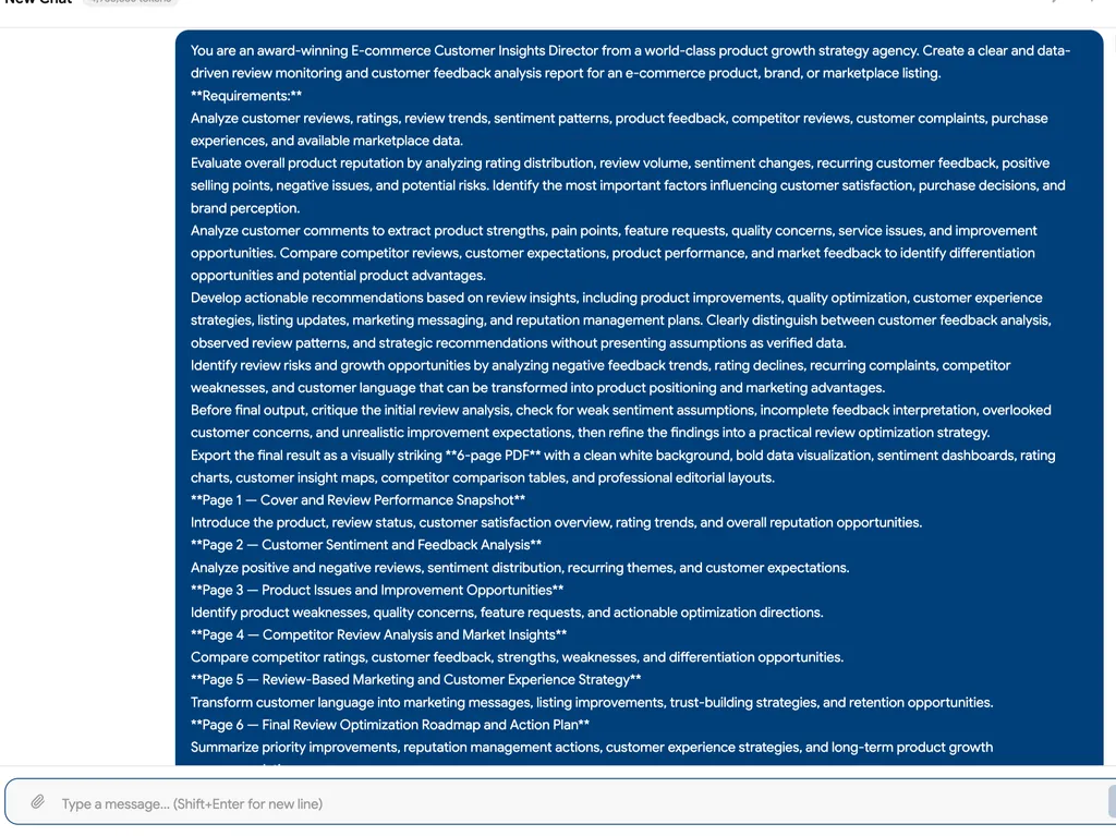 The screenshot shows a detailed prompt for creating a data-driven six-page e-commerce review monitoring and customer feedback analysis report.