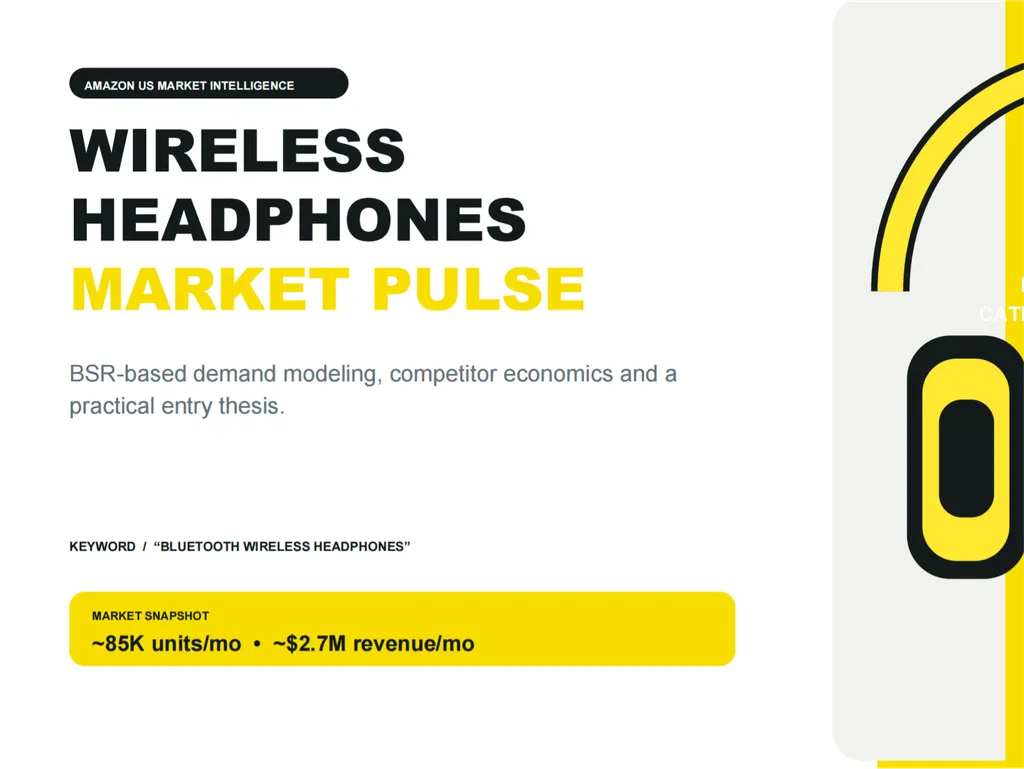Cover page of an Amazon US market intelligence report titled 'WIRELESS HEADPHONES MARKET PULSE.' A black rounded label at the top reads 'AMAZON US MARKET INTELLIGENCE.' The main headline uses bold uppercase sans-serif typography, with 'WIRELESS HEADPHONES' in black and 'MARKET PULSE' in bright yellow. Below, the subtitle states, 'BSR-based demand modeling, competitor economics and a practical entry thesis.' A keyword line reads 'KEYWORD / “BLUETOOTH WIRELESS HEADPHONES”.' Near the bottom, a wide yellow market snapshot card displays estimated demand of approximately '85K units/mo' and approximately '$2.7M revenue/mo.' The right side contains a cropped abstract headphone-inspired graphic with thick black outlines, yellow bands and rounded geometric forms on a pale gray panel. Minimal white background, high-contrast black-and-yellow palette, bold editorial typography and modern market research presentation style.