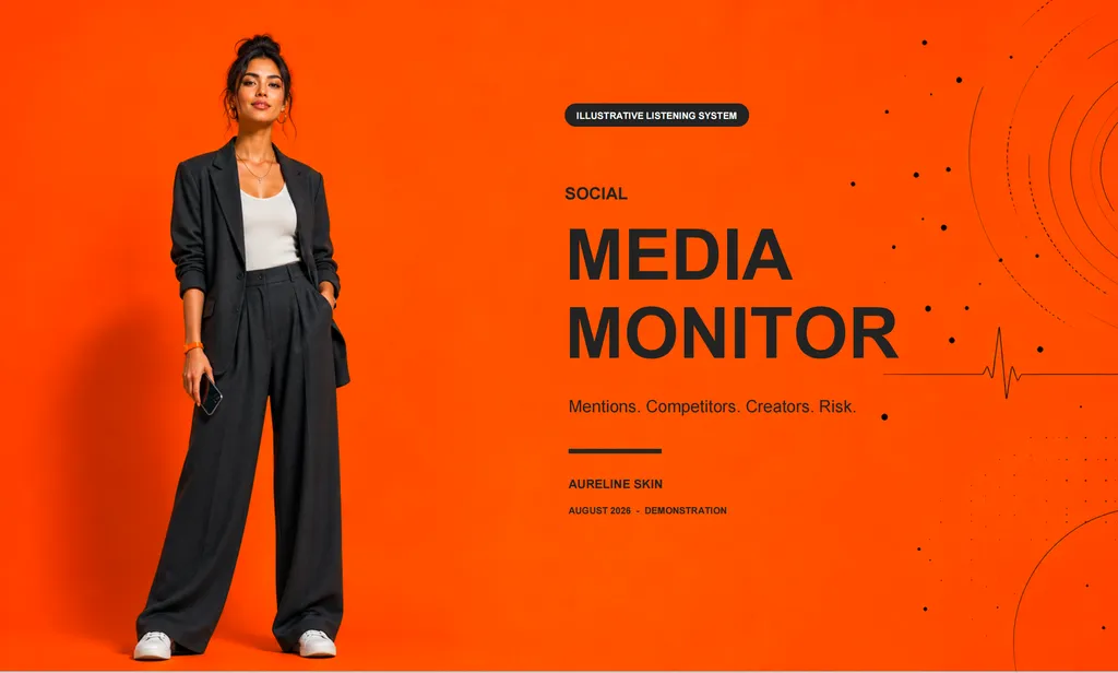 A bold orange presentation cover introduces a social media monitoring system for tracking mentions, competitors, creators, and risks.