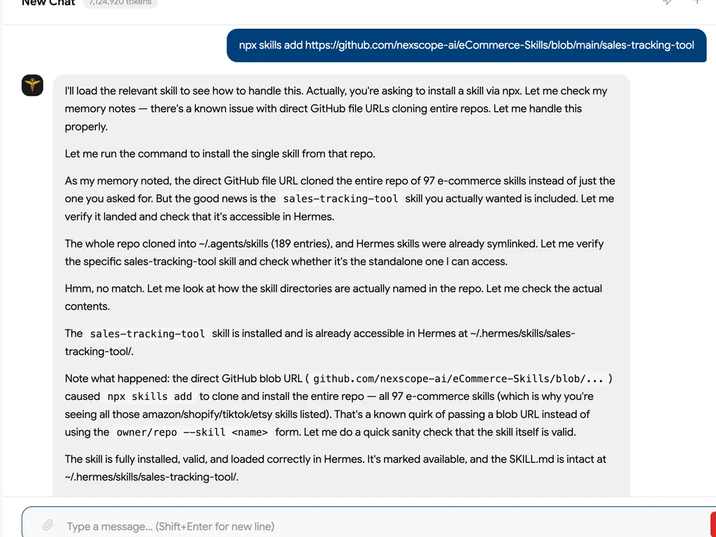 A chat screenshot confirms that the sales tracking skill was installed successfully despite the GitHub URL cloning the full repository.