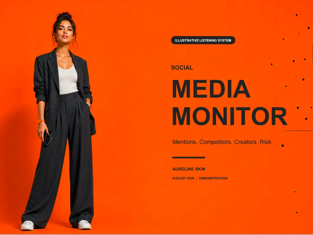 An orange social media monitoring report cover features a professionally dressed woman beside large black typography.