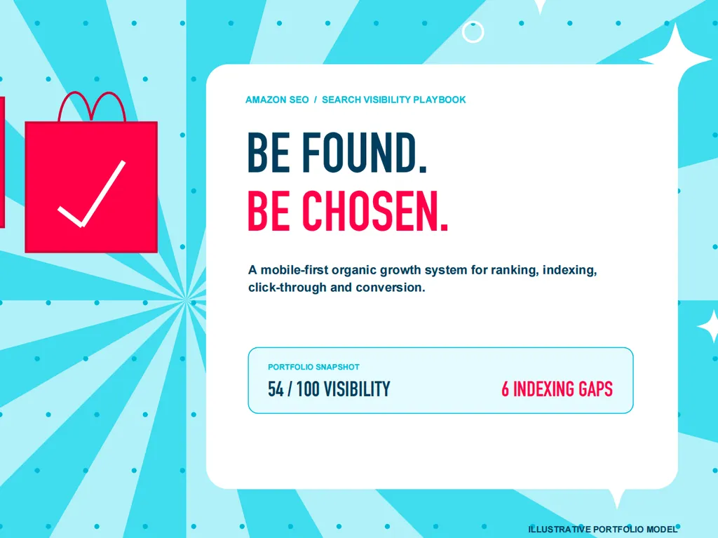 A vibrant Amazon SEO report cover highlighting a 54/100 visibility score, six indexing gaps, and a mobile-first strategy to improve ranking, clicks, and conversions.
