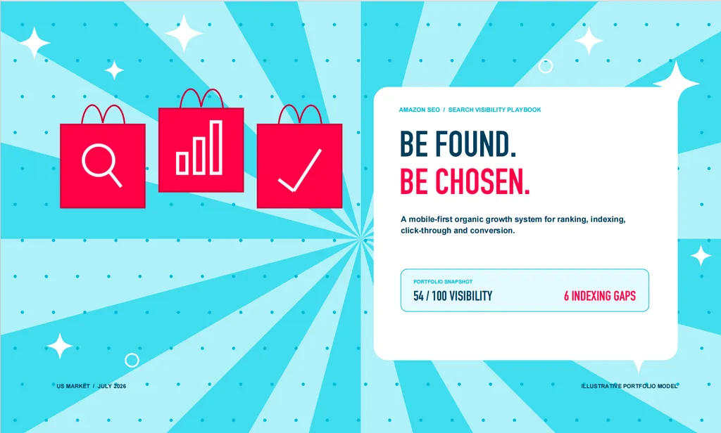 A vibrant Amazon SEO report cover highlighting a 54/100 visibility score, six indexing gaps, and a mobile-first strategy to improve rankings, click-through rates, and conversions.