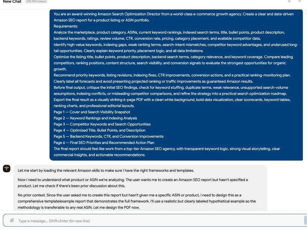 A screenshot showing an Amazon search optimization report prompt and the assistant preparing a six-page SEO analysis using a realistic hypothetical product example.