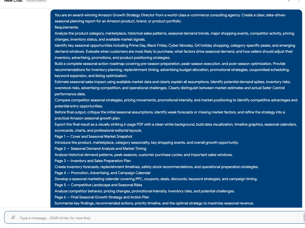A comprehensive Amazon seasonal planning prompt for creating a data-driven six-page seasonal growth strategy report.