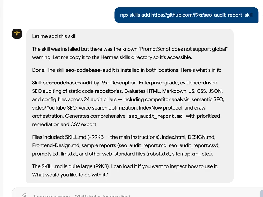 A screenshot showing the successful installation and detailed overview of the “seo-codebase-audit” skill from GitHub.