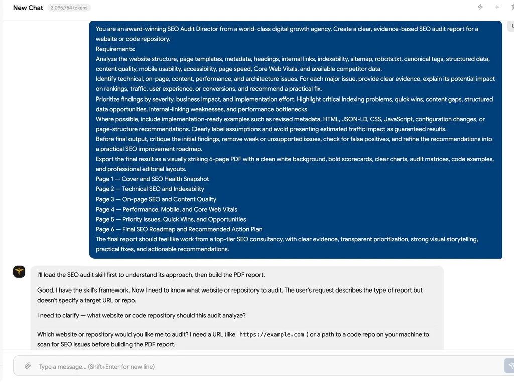 A screenshot showing an SEO audit prompt requesting a six-page professional report, followed by the assistant asking for the target website URL or code repository.