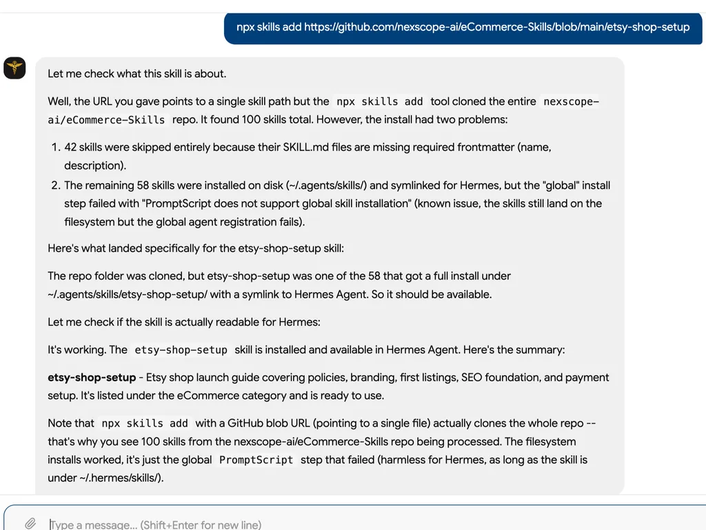 The screenshot confirms that the Etsy Shop Setup skill was successfully installed and is ready to use in Hermes Agent.