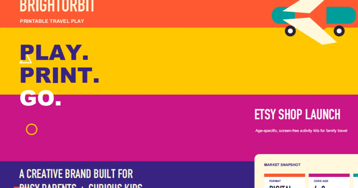 A vibrant retro-style cover introduces the “BrightOrbit” Etsy shop launch for printable travel activity kits designed for busy parents and curious children.