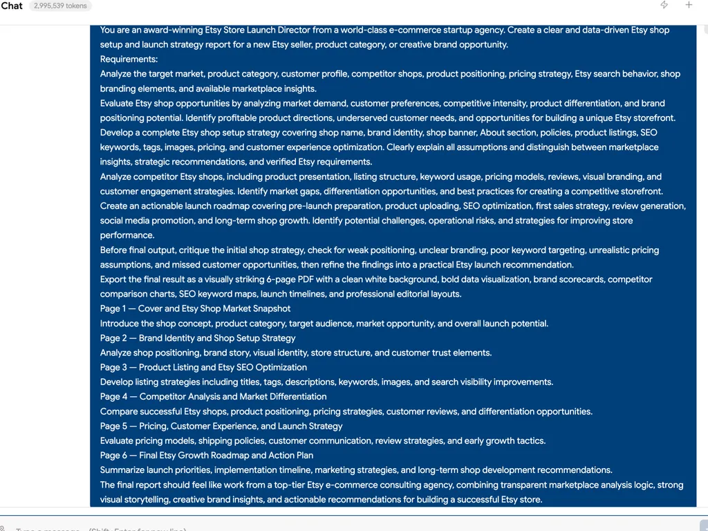 The screenshot displays a detailed prompt for creating a data-driven six-page Etsy shop setup and launch strategy report.