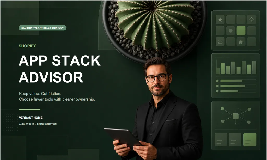 A dark green presentation cover introduces a Shopify app stack advisory strategy with a consultant holding a tablet.