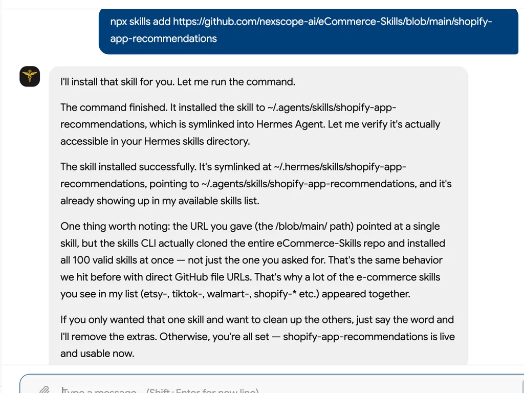 A chat screenshot confirms successful installation of the Shopify app recommendations skill while noting that the full repository was also installed.