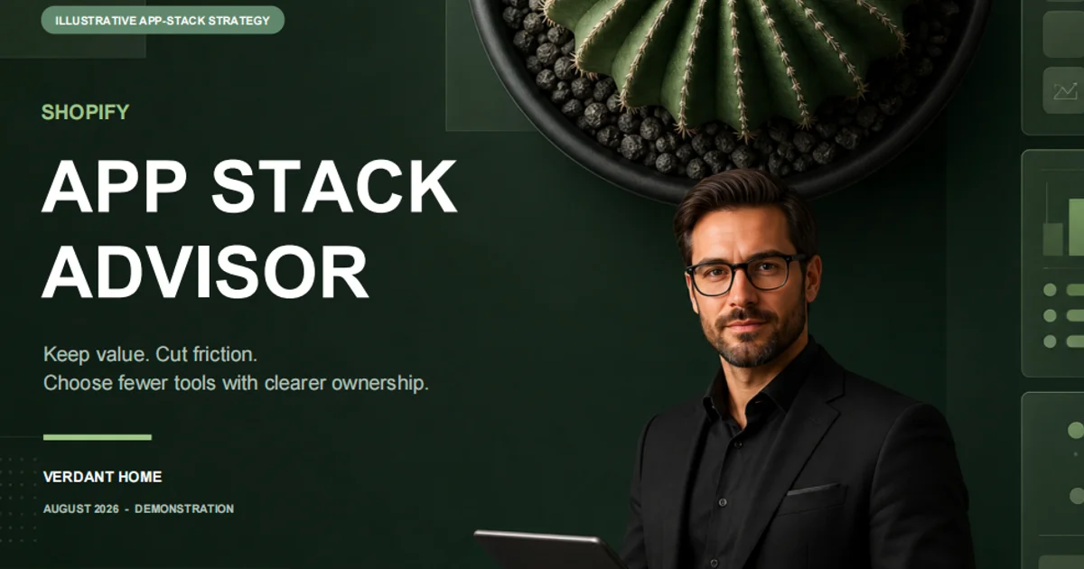 A Shopify app stack report cover features a suited advisor, a large cactus, and understated dashboard panels.