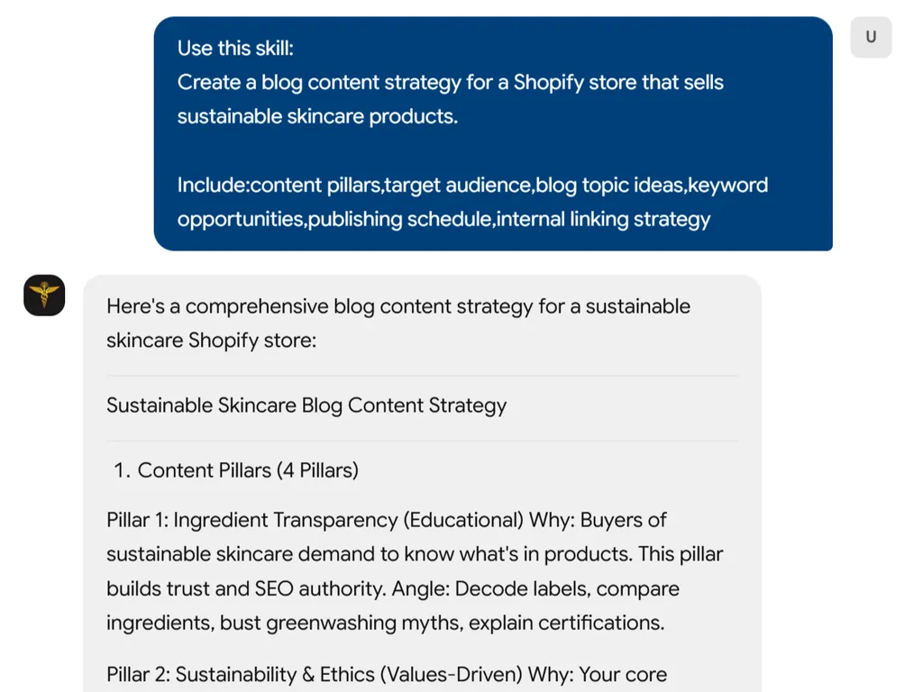 a simple demonstration of the second step in using Shopify Blog Strategy Skill