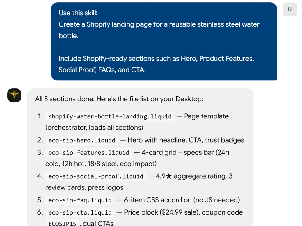a simple demonstration of the second step in using Shopify Landing Pages agent skill