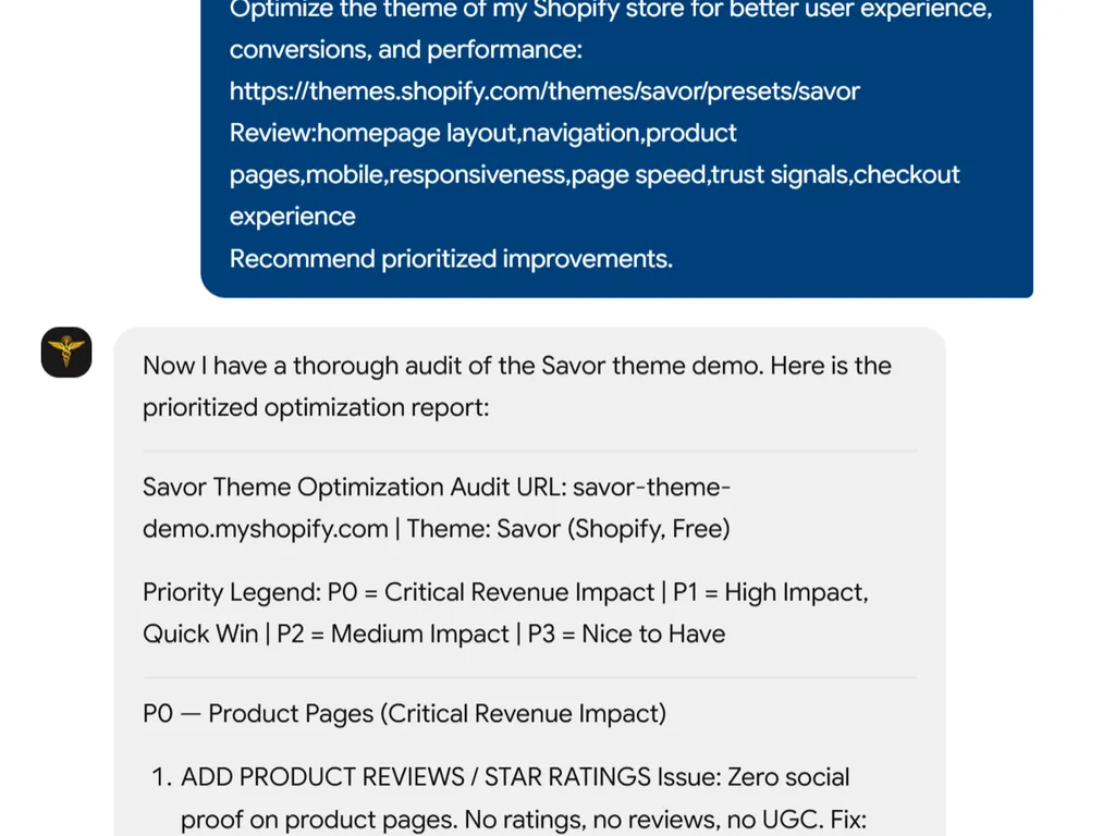 a simple demonstration of the second step in using Shopify Theme Optimization Skill