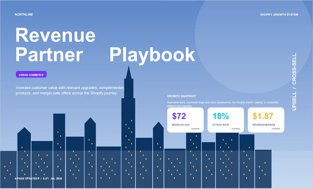 A modern Shopify growth strategy cover presents Northline’s upsell and cross-sell playbook, highlighting a modeled $72 average order value, 18% attach rate, and $1.87 revenue per session.
